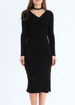  Siyah V Yaka Uzun Kollu Omuzu Dugmeli  Rıbana Elbise | Elb14385
