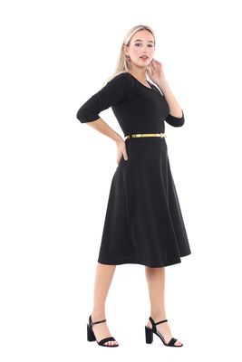  Sense Siyah Uzun Kol Belden Eklli Yaka Biye Elbise | Elb31495