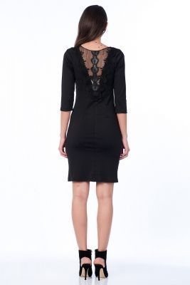  Siyah Sırtı Derili Tül Detay Yakalı  Dalgıç Elbise|Elb13562