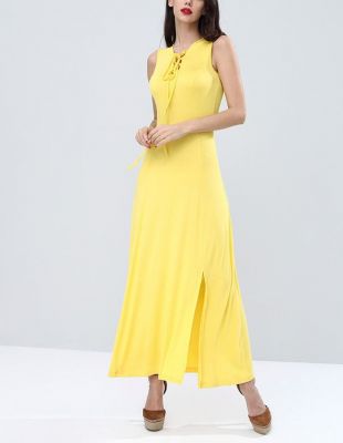  Sarı Biye Bağcıklı Uzun Viskon Elbise | Elb13974