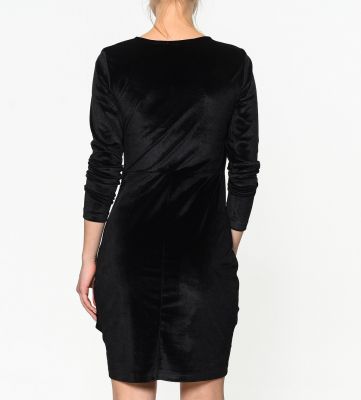  Siyah Kurvaze Yaka Uzun Kollu Yandan Büzgülü Kadife Elbise | Elb31082