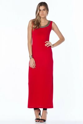  Kırmızı Yakası Boncuklu Kolsuz Uzun Elbise | Elb13301