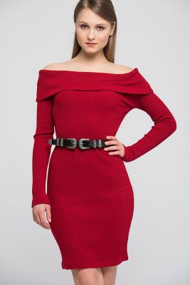  Kırmızı Madonna Yaka Uzun Kollu  Ribana Elbise | Elb31160