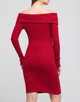  Kırmızı Madonna Yaka Uzun Kollu  Ribana Elbise | Elb31160
