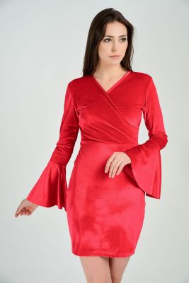  Sense Kırmızı Abiye Elbise - Kruvaze Kollar Volanlı Kadife Abiye Elbise | Elb31867
