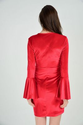  Sense Kırmızı Abiye Elbise - Kruvaze Kollar Volanlı Kadife Abiye Elbise | Elb31867